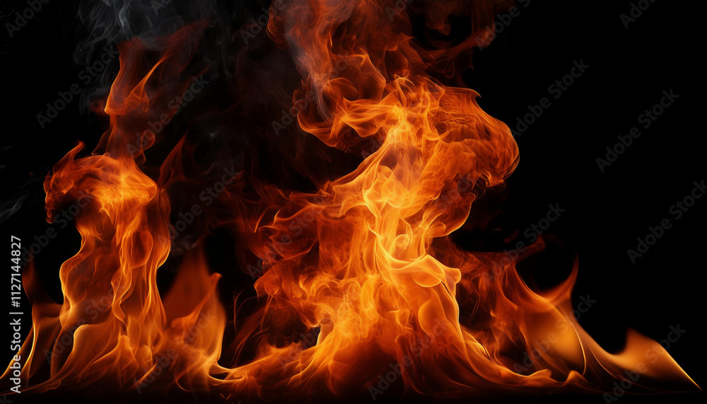 A dramatic display of bright orange and red flames leaping against a black background. A dramatic display of bright orange and red flames leaping against a black background.