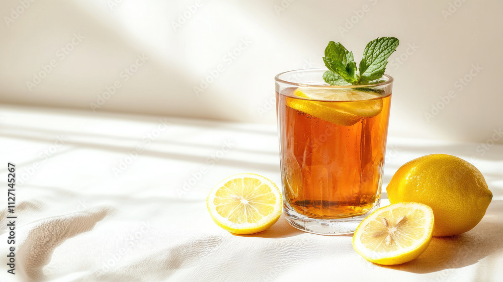 Fototapeta premium Refreshing iced tea with lemon and mint leaves