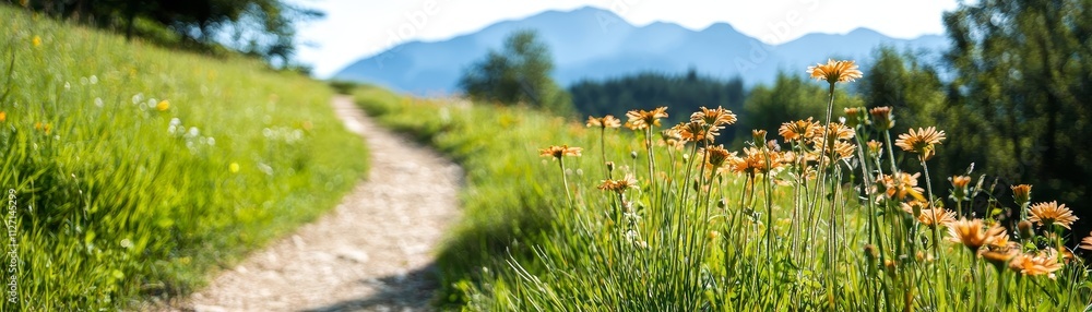 Hiking trail through vibrant wildflowers scenic hillside nature view Hiking trail through vibrant wildflowers scenic hillside nature view