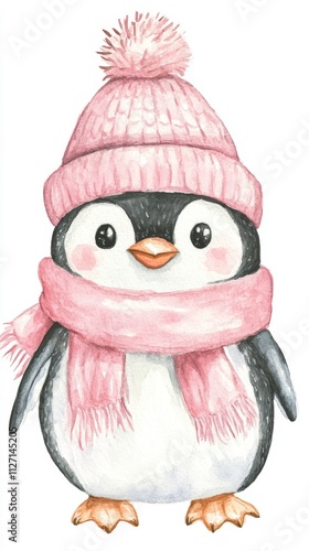 Adorable Watercolor Penguin in Pink Hat and Scarf on White Background, perfect for children's book illustrations, greeting cards, or social media posts Generative AI photo