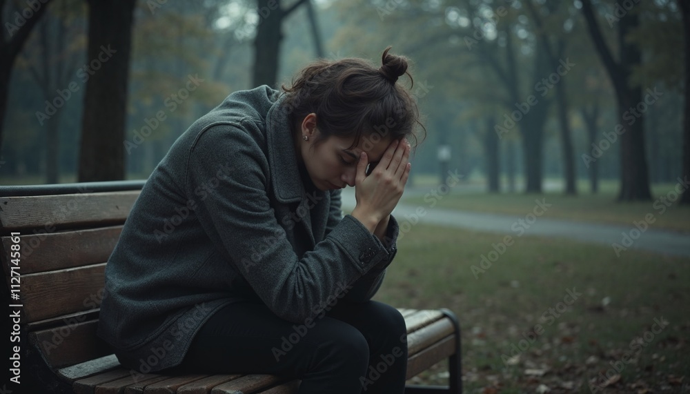 Woman sitting on a bench in a foggy park with her head in her hands, expressing sadness Woman sitting on a bench in a foggy park with her head in her hands, expressing sadness