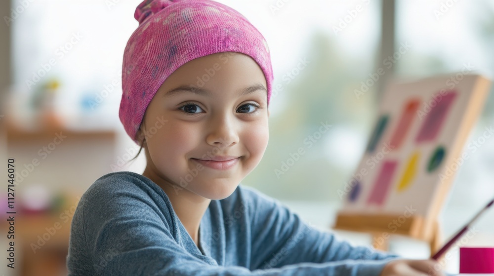 A cheerful child in a pink hat smiles while painting on a canvas, showcasing creativity and joy in an artistic setting. A cheerful child in a pink hat smiles while painting on a canvas, showcasing creativity and joy in an artistic setting.