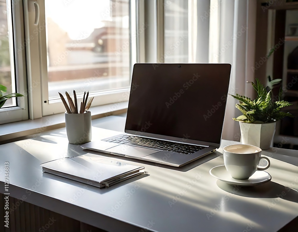 Fototapeta premium Sunlight Illuminates Cozy Home Workspace: Laptop, Coffee, and Plants