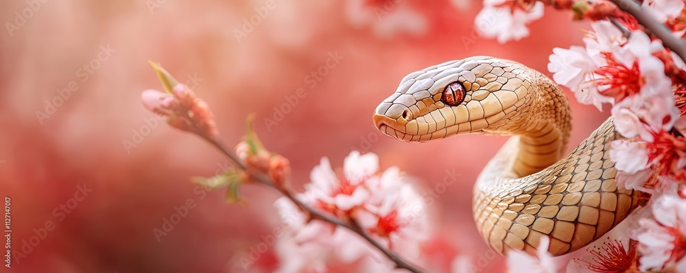 Chinese new year, Background, Decorations, Snake. Snake among pink cherry blossoms in a soft, dreamy setting. Chinese new year, Background, Decorations, Snake. Snake among pink cherry blossoms in a soft, dreamy setting.