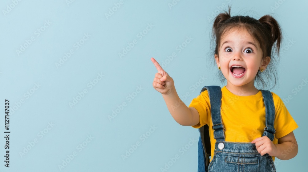 A cheerful girl in a yellow shirt and denim overalls points excitedly, showcasing joy and curiosity against a soft blue background. A cheerful girl in a yellow shirt and denim overalls points excitedly, showcasing joy and curiosity against a soft blue background.