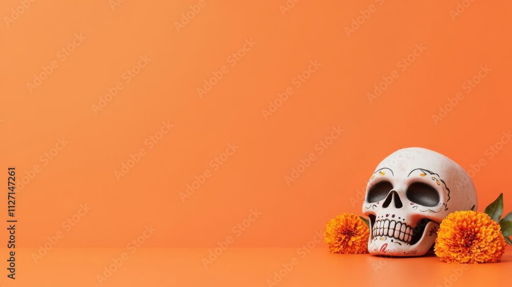 A decorative skull with marigold flowers against an orange background, symbolizing the Day of the Dead celebration. A decorative skull with marigold flowers against an orange background, symbolizing the Day of the Dead celebration.