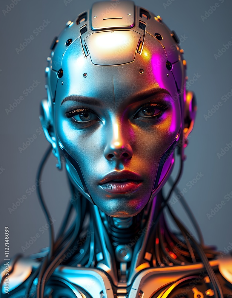 A captivating portrait of a female android, showcasing futuristic technology and neon lighting. The image evokes a sense of mystery and technological advancement. A captivating portrait of a female android, showcasing futuristic technology and neon lighting. The image evokes a sense of mystery and technological advancement.