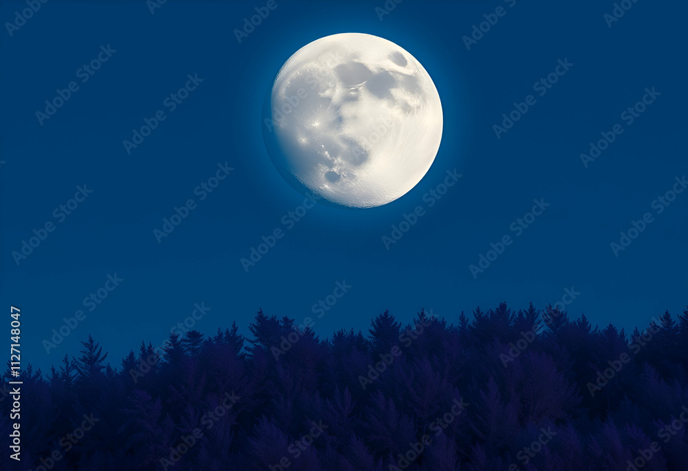 Fototapeta premium a massive moon dominating the night sky, radiating a soft sky-blue glow. Below, violet-hued trees form an enchanting landscape, illuminated by the gentle moonlight