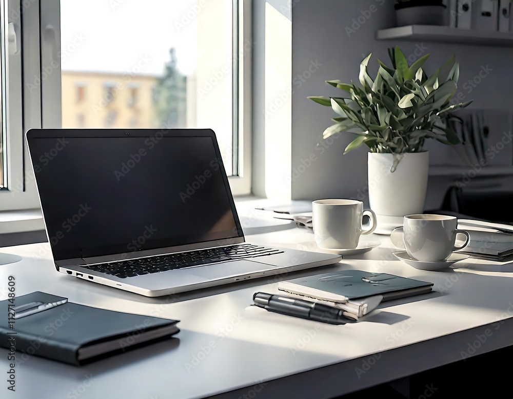 Modern Minimalist Workspace Near WindowSunlightLaptop Coffee Notebook Cozy Home Office Setup Modern Minimalist Workspace Near WindowSunlightLaptop Coffee Notebook Cozy Home Office Setup