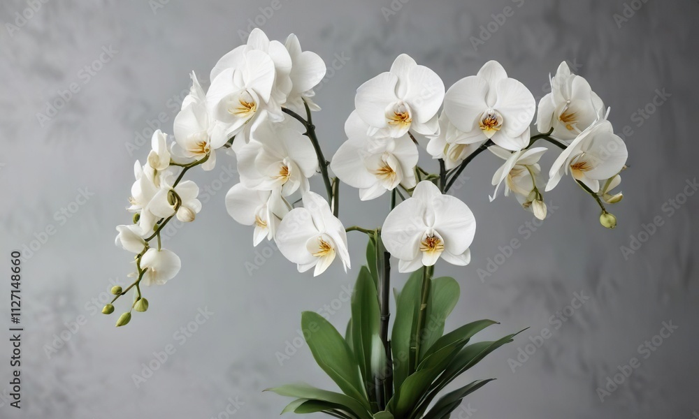 Cluster of white phalaenopsis orchid flowers on a green stem, indoor, decorative, exotic, delicate Cluster of white phalaenopsis orchid flowers on a green stem, indoor, decorative, exotic, delicate