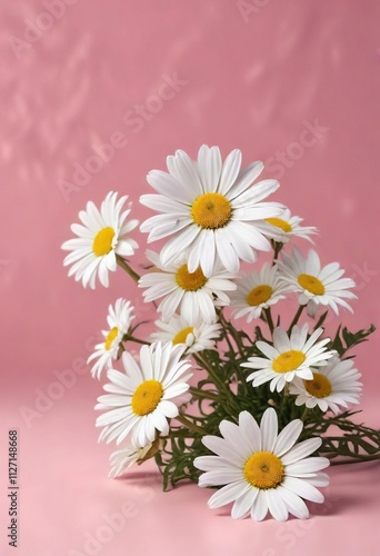 Cluster of white daisy flowers on a gradient pink background, petals, cluster