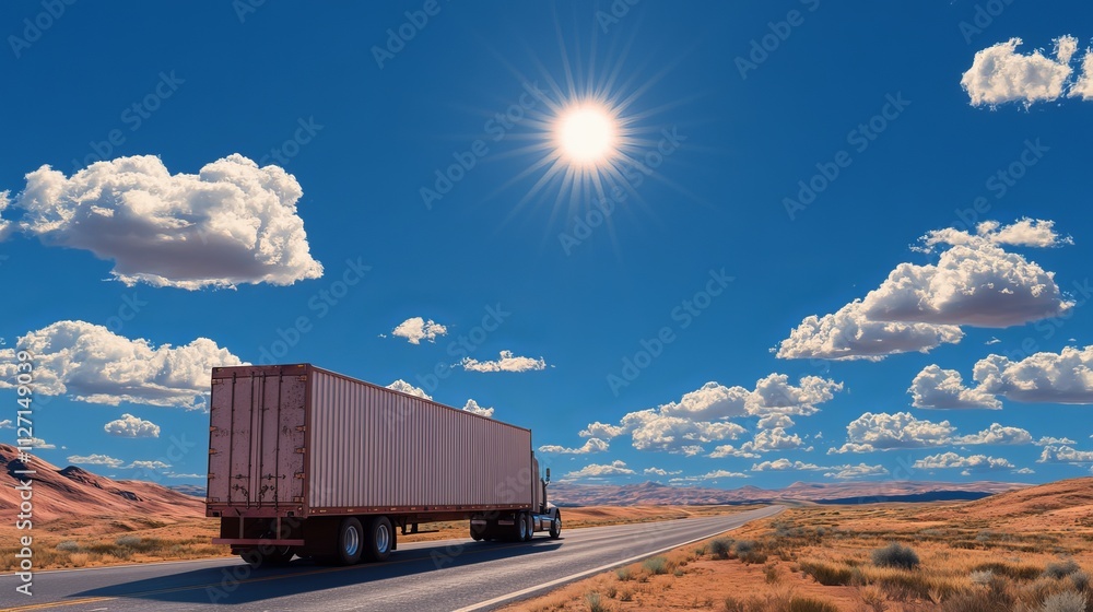 A large truck travels on an open highway under a bright sun, surrounded by a vast desert landscape and fluffy clouds, creating a sense of freedom and adventure. A large truck travels on an open highway under a bright sun, surrounded by a vast desert landscape and fluffy clouds, creating a sense of freedom and adventure.