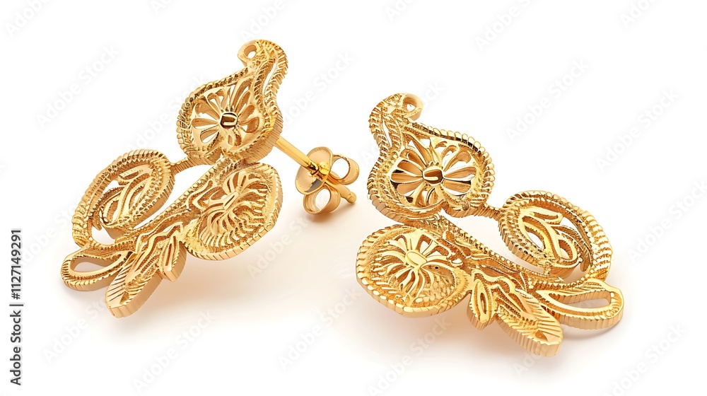 A pair of gold earrings with intricate detailing, isolated on a white background. A pair of gold earrings with intricate detailing, isolated on a white background.