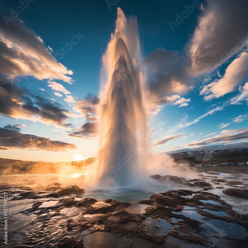 Spectacular Geyser Eruption at Sunset