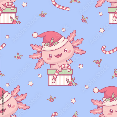 Christmas Seamless pattern with smiling Axolotl Santa with striped caramel in gift box on blue background. New Year Funny Little cartoon kawaii character backdrop. Vector illustration. Kids collection