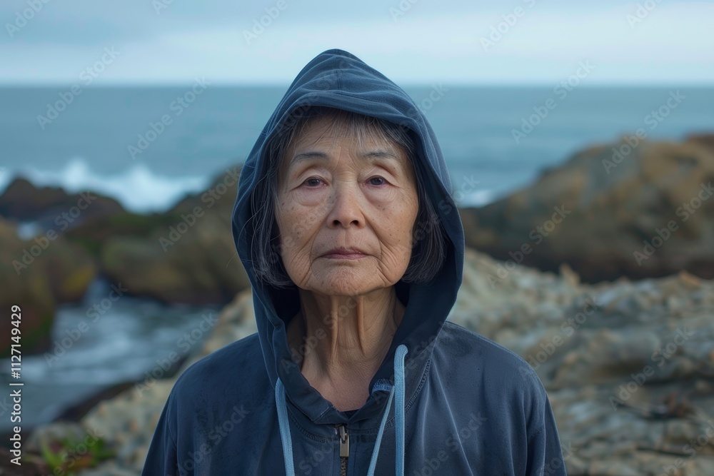 Portrait of a content asian woman in her 60s sporting a comfortable hoodie in rocky shoreline background Portrait of a content asian woman in her 60s sporting a comfortable hoodie in rocky shoreline background