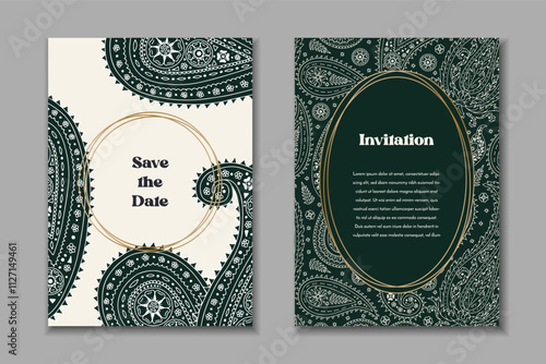 Two greeting cards templates set with black and white paisley motifs. Wedding invitation with monochrome oriental decoration. Modern abstract stationary design.