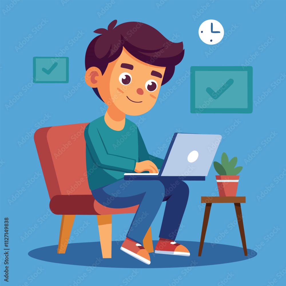 a boy is using his laptop vector a boy is using his laptop vector