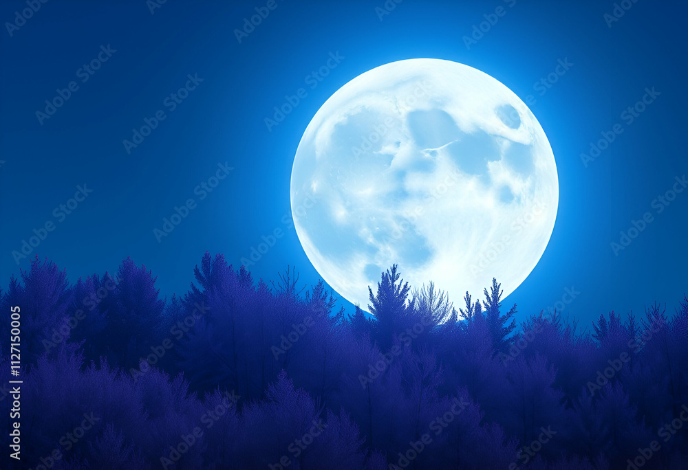 Fototapeta premium moon with light sky blue glow the moon and violet colour trees on earth everywhere light comes