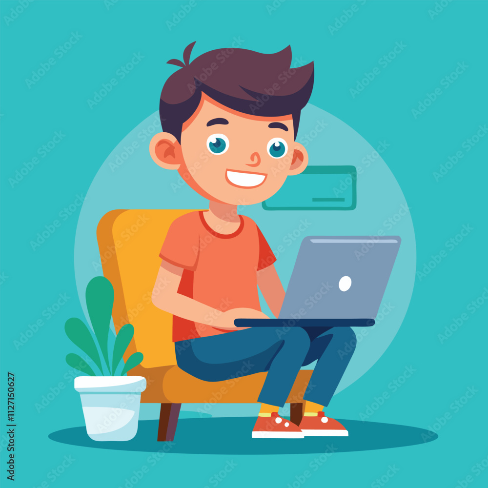 a boy is using his laptop vector a boy is using his laptop vector