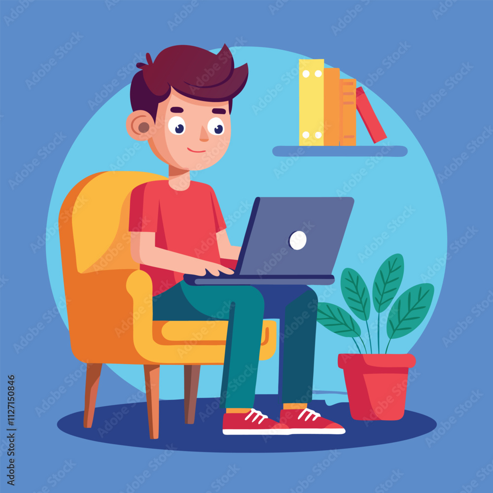 a boy is using his laptop vector a boy is using his laptop vector