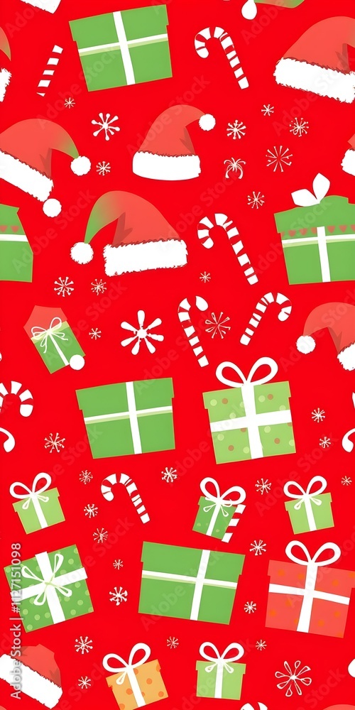 A seamless Christmas-themed pattern featuring Santa hats, candy canes, snowflakes, and gift boxes on a red background A seamless Christmas-themed pattern featuring Santa hats, candy canes, snowflakes, and gift boxes on a red background