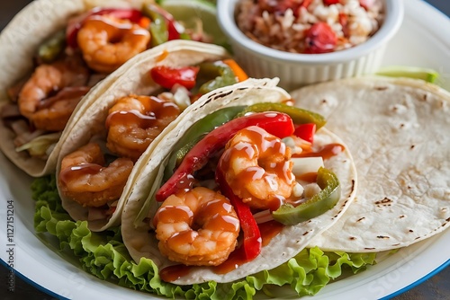 Delicious Prawn Tacos Packed with Fresh Tomatoes & Colorful Veggies photo