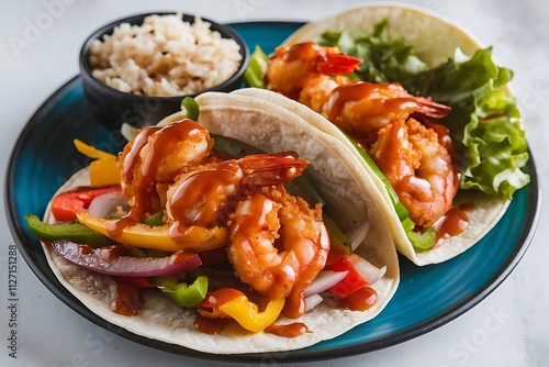 Delicious Prawn Tacos Packed with Fresh Tomatoes & Colorful Veggies photo