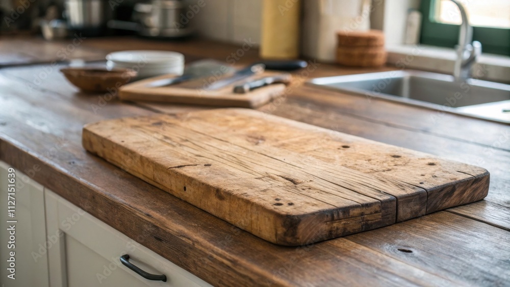 A Rustic Wooden Cutting Board on a Kitchen Countertop with a Sink in the Background A Rustic Wooden Cutting Board on a Kitchen Countertop with a Sink in the Background