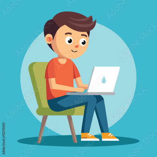 a boy is using his laptop vector