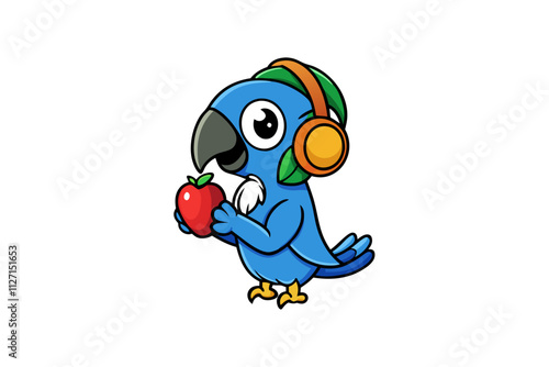 A cute macaw wearing a headphone eating an apple vector art illustration