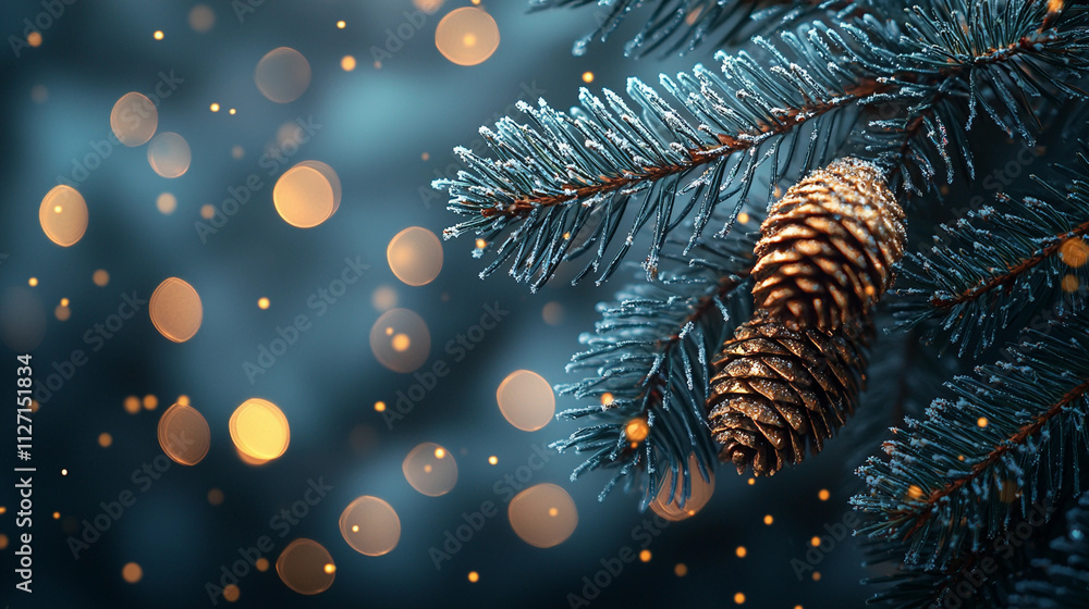 Christmas tree with pinecones against a turquoise background with soft bokeh lights Christmas tree with pinecones against a turquoise background with soft bokeh lights