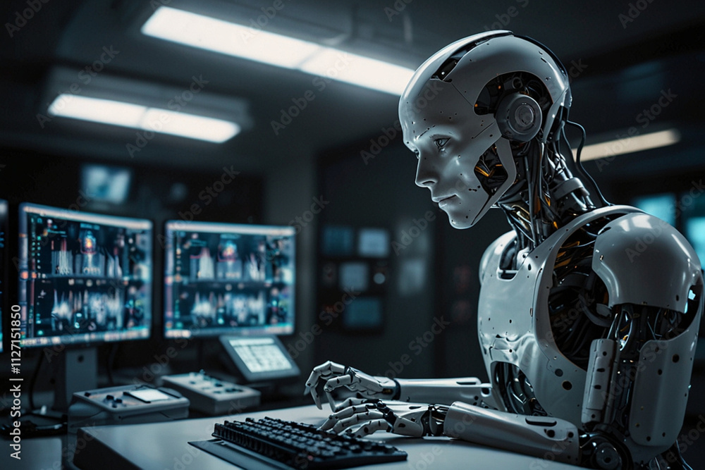 Fototapeta premium A Robot Performing Complex Data Visualization With Neural Networks In A Modern Operating Room Accompanied By Advanced Electronic Equipment