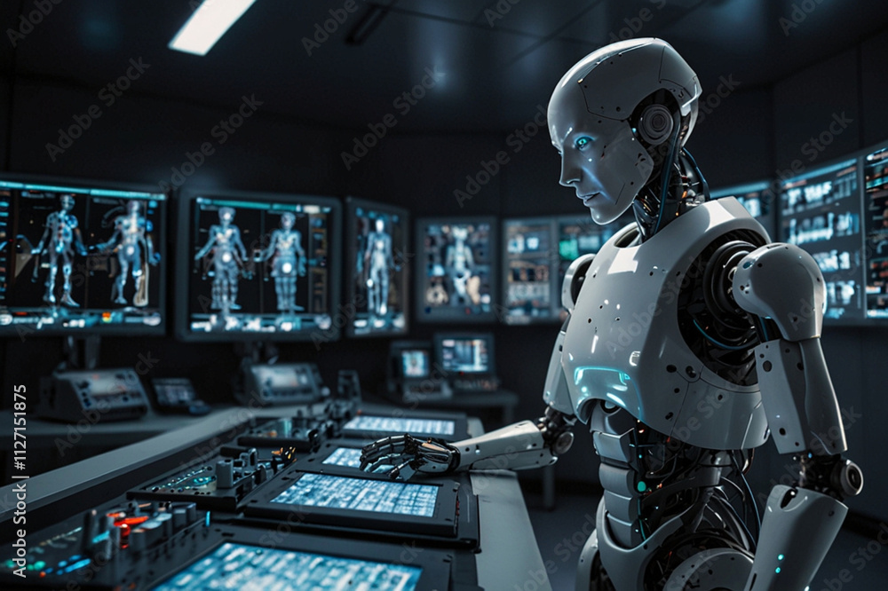 A Robot Performing Complex Data Visualization With Neural Networks In A Modern Operating Room Accompanied By Advanced Electronic Equipment A Robot Performing Complex Data Visualization With Neural Networks In A Modern Operating Room Accompanied By Advanced Electronic Equipment