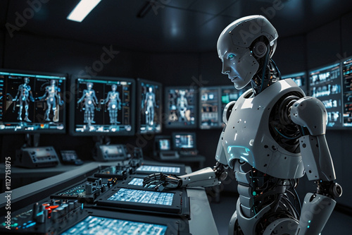 A Robot Performing Complex Data Visualization With Neural Networks In A Modern Operating Room Accompanied By Advanced Electronic Equipment