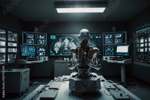 A Robot Performing Complex Data Visualization With Neural Networks In A Modern Operating Room Accompanied By Advanced Electronic Equipment