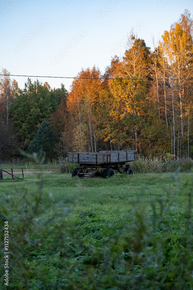 old tractor trailer in the field near autumn forest old tractor trailer in the field near autumn forest