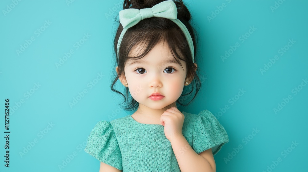 A young girl in a teal outfit and matching headband poses against a solid turquoise background, showcasing her innocent expression and playful charm. A young girl in a teal outfit and matching headband poses against a solid turquoise background, showcasing her innocent expression and playful charm.