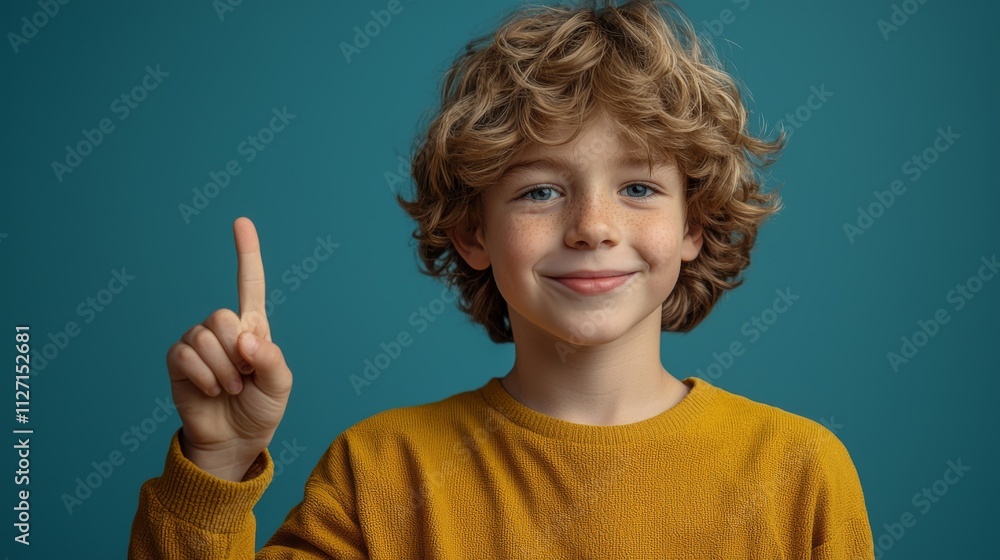 A smiling boy with curly hair wears a yellow sweater and raises his index finger against a teal background, conveying a sense of curiosity and enthusiasm. A smiling boy with curly hair wears a yellow sweater and raises his index finger against a teal background, conveying a sense of curiosity and enthusiasm.