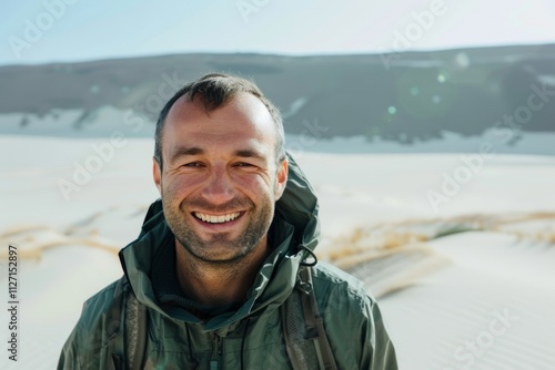 Portrait of a grinning man in his 30s wearing a functional windbreaker over serene dune landscape background