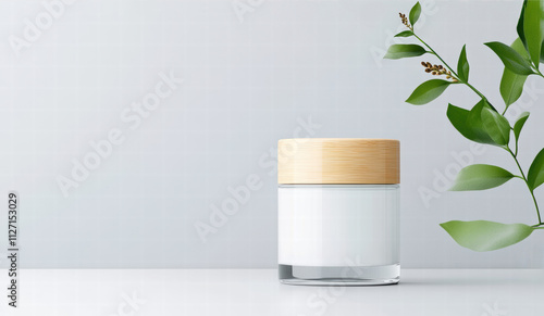 A minimalist skincare jar with a wooden lid sits on a clean surface next to a green plant, emphasizing a natural and fresh aesthetic.