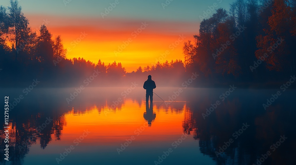 Fototapeta premium Fisherman silhouette casting a line into a reflective gradient lake