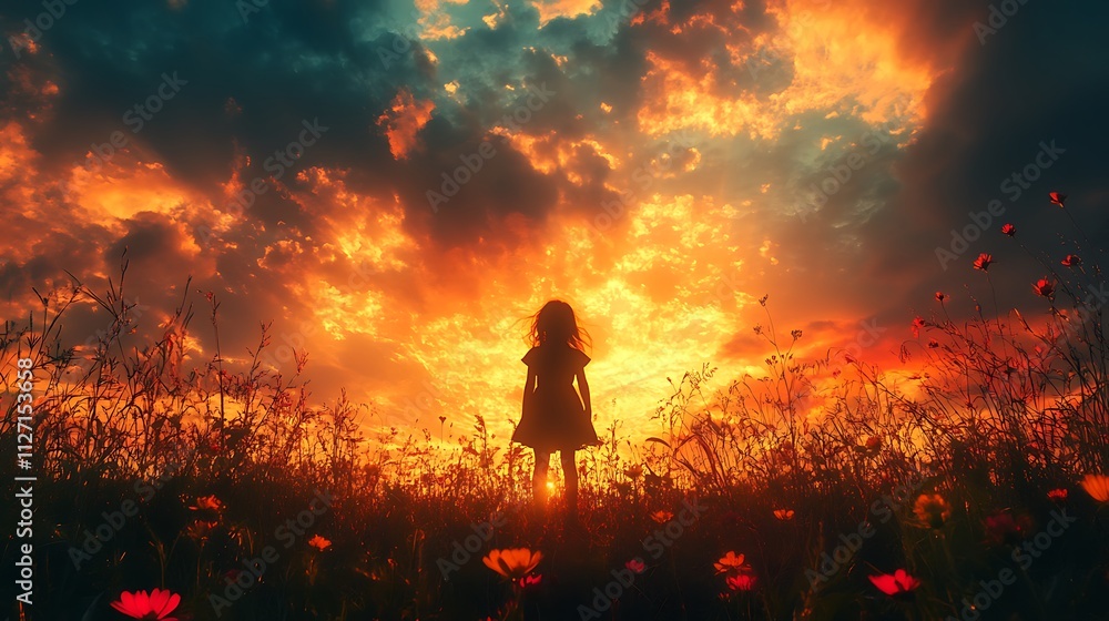 Fototapeta premium Child playing silhouette against a joyful multicolor gradient sky