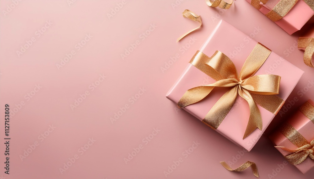 Pastel Pink Gift Box with Gold Ribbon on Pastel Pink Background. Top View of Birthday Gifts with Copy Space Pastel Pink Gift Box with Gold Ribbon on Pastel Pink Background. Top View of Birthday Gifts with Copy Space