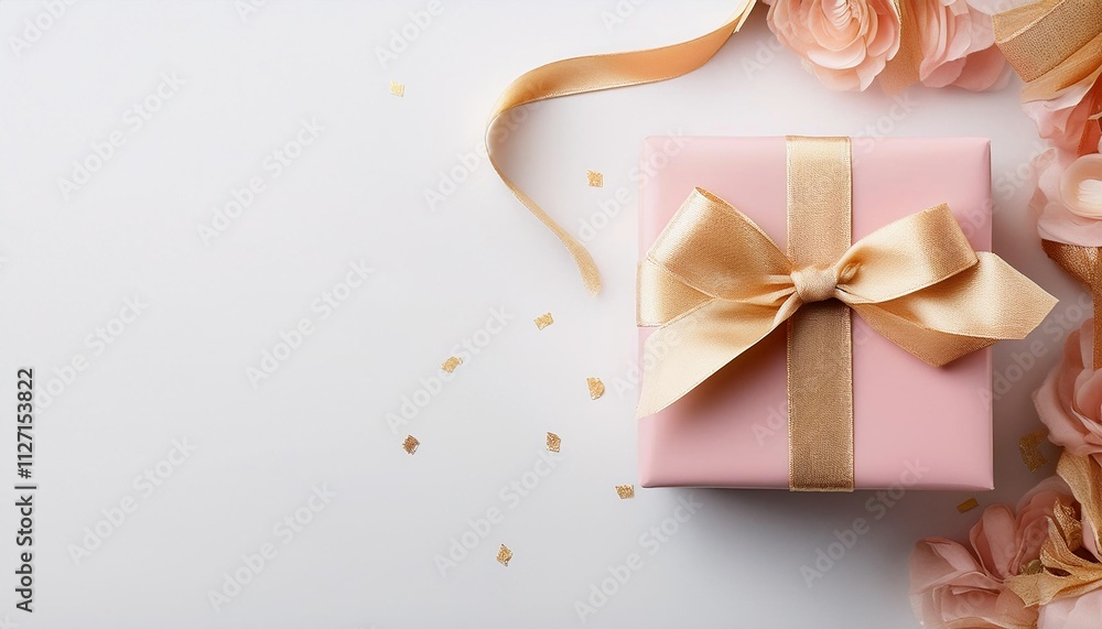 Pastel Pink Gift Box with Gold Ribbon on White Background. Top View of Birthday Gifts with Copy Space Pastel Pink Gift Box with Gold Ribbon on White Background. Top View of Birthday Gifts with Copy Space