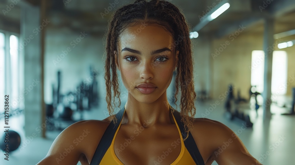 A young woman stands in a well-lit gym, radiating confidence as she prepares for her workout. She showcases strength with a focused expression, surrounded by exercise equipment. A young woman stands in a well-lit gym, radiating confidence as she prepares for her workout. She showcases strength with a focused expression, surrounded by exercise equipment.