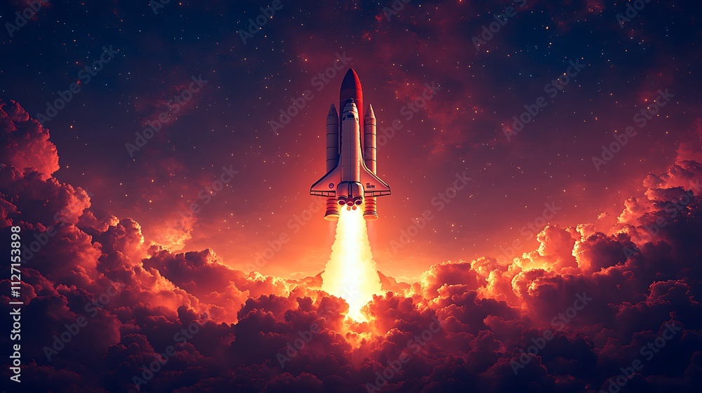 Fototapeta premium Space shuttle launch silhouette against a fiery rocket gradient