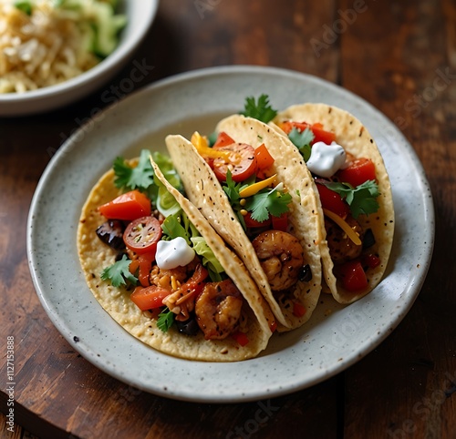 Delicious Prawn Tacos Packed with Fresh Tomatoes & Colorful Veggies photo