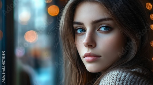 Woman's portrait, blue eyes, long brown hair, bokeh background.