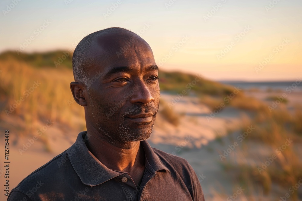 Portrait of a tender afro-american man in his 40s wearing a sporty polo shirt in front of serene dune landscape background Portrait of a tender afro-american man in his 40s wearing a sporty polo shirt in front of serene dune landscape background